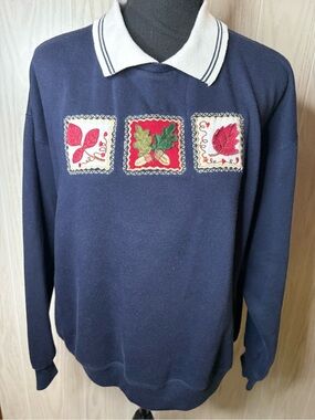 Embroidered Fall Navy Collar Crewneck‎ Sweater Women's Large Grannie Core